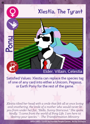 Size: 788x1088 | Tagged: safe, artist:str8aura-draws-horses-and-stuff, princess celestia, oc, oc:celestai, fanfic:friendship is optimal, twilight sparkle's secret shipfic folder, g4, card, clothes, glasses, max headroom, necktie, neon, red eyes, suit, sunglasses, tyrant celestia