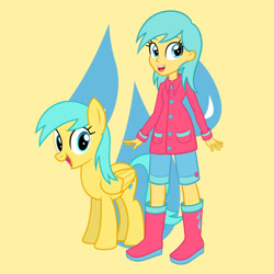 Size: 1280x1280 | Tagged: safe, artist:media1997, sunshower raindrops, human, pegasus, pony, equestria girls, g4, clothes, equestria girls-ified, human ponidox, looking at you, open mouth, open smile, raincoat, self paradox, self ponidox, simple background, smiling, solo