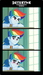Size: 2285x4000 | Tagged: safe, artist:orin331, rainbow dash, equestria girls, g4, clothes, comic, desk, equestria guys, frown, geode of super speed, high res, hoodie, looking at you, magical geodes, rainbow blitz, rule 63, short comic, smiling, smiling at you, wristband