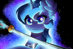 Size: 1280x854 | Tagged: safe, artist:natanvok, princess luna, pony, g4, constellation, cute, cute little fangs, ear fluff, ethereal mane, fangs, galaxy mane, katana, magic, solo, sword, weapon