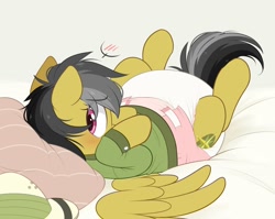 Size: 1630x1300 | Tagged: safe, artist:shuphle, daring do, pegasus, pony, g4, bed, blushing, covering face, diaper, diaper fetish, diapered, female, fetish, lying down, mare, non-baby in diaper, on back, poofy diaper, solo, white diaper