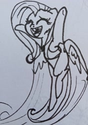 Size: 1922x2732 | Tagged: safe, artist:c.a.m.e.l.l.i.a, fluttershy, pegasus, pony, g4, flying, happy, open mouth, simple background, traditional art, uvula, white background