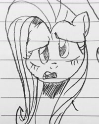 Size: 1591x1989 | Tagged: safe, artist:c.a.m.e.l.l.i.a, fluttershy, pegasus, pony, g4, female, lined paper, looking at you, simple background, solo, traditional art, wat, white background