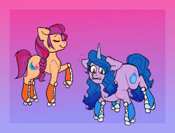 Size: 2382x1806 | Tagged: safe, artist:banana_jester, izzy moonbow, sunny starscout, earth pony, pony, unicorn, g5, boots, commission, duo, duo female, eye clipping through hair, eyebrows, eyebrows visible through hair, eyes closed, female, frown, gradient background, gritted teeth, high res, mare, nervous, raised hoof, roller skates, rollerblades, shoes, skates, skating, smiling, teeth, ych result