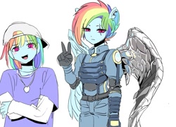 Size: 1693x1217 | Tagged: safe, artist:ceitama, rainbow dash, equestria girls, g4, alternate timeline, apocalypse dash, artificial wings, augmented, crystal war timeline, eye scar, scar, simple background, solo, torn ear, white background, winged humanization, wings