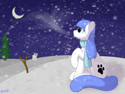 Size: 4250x3200 | Tagged: safe, artist:aelflonra, oc, oc only, oc:snow pup, pegasus, pony, clothes, moon, night, scarf, snow, snowfall, snowpony, solo, tree