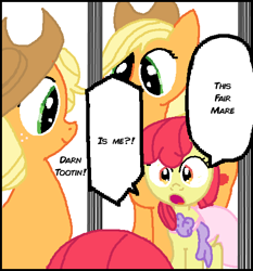 Size: 491x526 | Tagged: safe, anonymous artist, apple bloom, applejack, earth pony, pony, g4, clothes, dress, female, filly, foal, mare, mirror, ponified, speech bubble, yotsuba