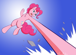 Size: 1500x1100 | Tagged: safe, artist:feralroku, pinkie pie, earth pony, pony, g4, action pose, angry, chest fluff, crossover, debris, elastic, gomu gomu no mi, gradient background, one piece, open mouth, punch, solo, underhoof