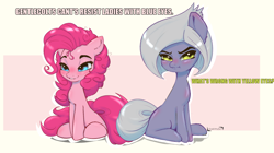 Size: 1500x838 | Tagged: safe, artist:inkypuso, limestone pie, pinkie pie, earth pony, pony, g4, blushing, cute, diapinkes, duo, female, grin, limetsun pie, mare, missing cutie mark, pouty lips, siblings, sisters, sitting, smiling, tsundere