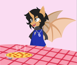 Size: 3821x3211 | Tagged: safe, artist:samsailz, oc, oc only, bat pony, bat wings, fangs, food, happy, heart eyes, high res, meat, pepperoni, pepperoni pizza, pizza, puppy, solo, spread wings, wingding eyes, wings