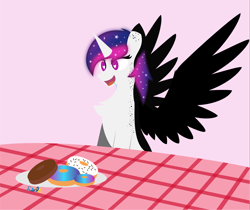 Size: 3815x3208 | Tagged: safe, artist:samsailz, oc, oc only, alicorn, pony, donut, fangs, food, happy, heart eyes, high res, solo, spread wings, wingding eyes, wings