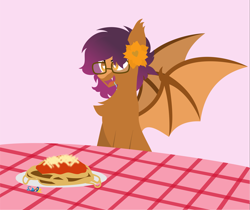 Size: 3815x3208 | Tagged: safe, artist:samsailz, oc, oc only, bat pony, bat wings, commission, fangs, flower, food, happy, heart eyes, high res, pasta, solo, spaghetti, spread wings, wingding eyes, wings, ych result