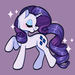 Size: 900x900 | Tagged: safe, artist:pompomamy, rarity, pony, unicorn, g4, eyes closed, female, mare, raised hoof, signature, simple background, smiling, solo