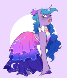 Size: 1404x1644 | Tagged: safe, artist:aztrial, izzy moonbow, pony, unicorn, g5, clothes, dress, female, gala dress, mare, one eye closed, simple background, smiling, solo, unshorn fetlocks, wink