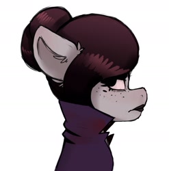 Size: 1960x1983 | Tagged: safe, artist:themimicartist, oc, oc only, oc:mimic, earth pony, pony, bust, demon days, freckles, frown, gorillaz, looking at you, parody, profile, simple background, solo, white background