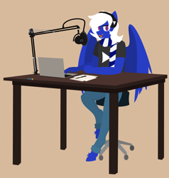 Size: 7918x8305 | Tagged: safe, artist:samsailz, oc, oc only, pegasus, anthro, unguligrade anthro, clothes, computer, headphones, laptop computer, microphone, paper, pegasus oc, pen, podcast, scarf, solo, stool, table