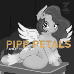Size: 2000x2000 | Tagged: safe, artist:grapefruit-face, artist:joey darkmeat, edit, pipp petals, pegasus, pony, g5, draw me like one of your french girls, female, grayscale, high res, looking at you, lying down, mare, monochrome, ponified, ponified single cover, single cover, sofia carson, solo, spread wings, table, voice actor joke, wings