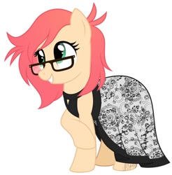 Size: 1346x1368 | Tagged: safe, artist:feather_bloom, oc, oc only, earth pony, pony, clothes, cute, dress, earth pony oc, glasses, green eyes, meganekko, ponified, simple background, smiling, solo, unmoving plaid, white background