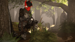 Size: 3840x2160 | Tagged: safe, artist:fireemerald123, oc, oc only, oc:page feather, anthro, 3d, armor, flower, fog, forest, high res, lily (flower), ruins, shield, source filmmaker, statue, sword, sæla, watermark, weapon
