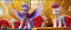 Size: 4094x1740 | Tagged: safe, screencap, cloudpuff, queen haven, zipp storm, dog, flying pomeranian, pegasus, pomeranian, pony, g5, my little pony: a new generation, spoiler:my little pony: a new generation, female, male, mare, spread wings, winged dog, wings
