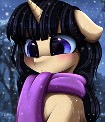 Size: 2582x3003 | Tagged: safe, artist:pridark, oc, oc only, pony, unicorn, blushing, chest fluff, clothes, eye reflection, floppy ears, high res, reflection, scarf, snow, snowfall, solo