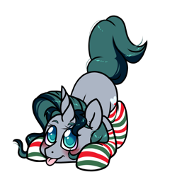 Size: 1000x1000 | Tagged: safe, artist:paperbagpony, oc, oc only, oc:persephone forox, pony, unicorn, :p, blushing, clothes, horn, simple background, socks, solo, striped socks, tongue out, transparent background, unicorn oc