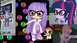 Size: 1280x720 | Tagged: safe, sci-twi, spike, twilight sparkle, dog, equestria girls, g4, best furry friends, clothes, comparison, glasses, long socks, miniskirt, skirt, socks, spike the dog, thigh highs, thigh socks, wallpaper, youtube thumbnail, zara the sloth, zoe (best furry friends)
