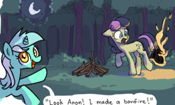 Size: 808x489 | Tagged: safe, artist:plunger, artist:toffosart, bon bon, lyra heartstrings, sweetie drops, earth pony, pony, unicorn, g4, abuse, bon abuse, bonfire, burning, bush, bust, exclamation point, female, fire, forest, gasp, horn, implied anon, l.u.l.s., looking at you, looking back, mare, moon, night, offscreen character, open mouth, open smile, ponybooru import, pun, raised hoof, raised leg, smiling, some mares just want to watch the world burn, speech bubble, talking to viewer, text, this will end in pain, tree, visual pun, wood, wordplay