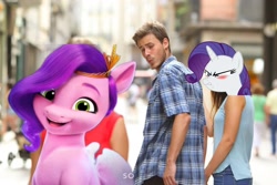 Size: 2048x1365 | Tagged: safe, edit, edited edit, pipp petals, rarity, human, pegasus, pony, g4, g5, my little pony: a new generation, the end in friend, adorapipp, building, cute, distracted, distracted boyfriend meme, female, jewelry, looking at you, male, mare, meme, smiling, straight, tiara, upset, waifu