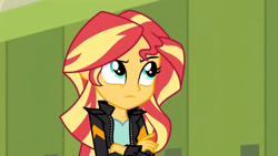 Size: 3410x1920 | Tagged: safe, screencap, sunset shimmer, equestria girls, g4, my little pony equestria girls: friendship games, clothes, crossed arms, female, high res, jacket, leather, leather jacket, lockers, solo