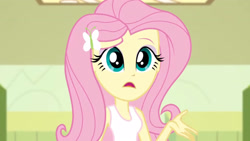 Size: 3410x1920 | Tagged: safe, screencap, fluttershy, equestria girls, g4, my little pony equestria girls: friendship games, bare shoulders, clothes, female, hairpin, hallway, high res, open mouth, sleeveless, solo, tank top