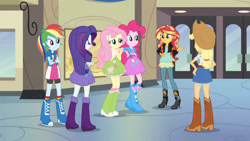 Size: 3410x1920 | Tagged: safe, screencap, applejack, fluttershy, pinkie pie, rainbow dash, rarity, sunset shimmer, equestria girls, g4, my little pony equestria girls: friendship games, applejack's hat, belt, boots, clothes, cowboy boots, cowboy hat, crossed arms, cutie mark on clothes, denim skirt, female, hairpin, hat, high heel boots, high res, humane five, jacket, leather, leather jacket, shoes, skirt, smiling