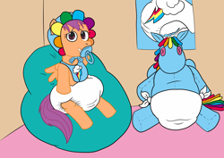 Size: 3508x2480 | Tagged: safe, artist:maxicoon, rainbow dash, scootaloo, pegasus, pony, g4, diaper, diaper fetish, diapered plushie, fetish, high res, non-baby in diaper, pacifier, plushie, poofy diaper, solo