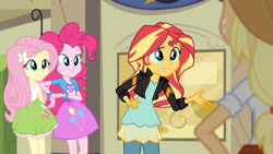 Size: 3410x1920 | Tagged: safe, screencap, applejack, fluttershy, pinkie pie, sunset shimmer, equestria girls, g4, my little pony equestria girls: friendship games, applejack's hat, belt, clothes, cowboy hat, cutie mark on clothes, female, hairpin, hat, high res, jacket, leather, leather jacket, smiling, tank top