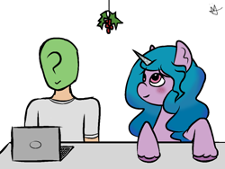 Size: 1024x768 | Tagged: safe, artist:neonnaisedraws, izzy moonbow, oc, oc:anon, human, pony, unicorn, g5, my little pony: a new generation, blushing, computer, cute, female, holly, holly mistaken for mistletoe, human and pony, izzybetes, laptop computer, male, mare, romance, romantic, simple background, straight, white background