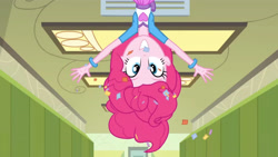 Size: 3410x1920 | Tagged: safe, screencap, pinkie pie, equestria girls, g4, my little pony equestria girls: friendship games, confetti, cute, diapinkes, female, grin, hallway, high res, lockers, smiling, solo, upside down