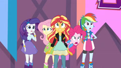 Size: 3410x1920 | Tagged: safe, screencap, fluttershy, pinkie pie, rainbow dash, rarity, sunset shimmer, equestria girls, g4, my little pony equestria girls: friendship games, boots, bracelet, canterlot high, clothes, cutie mark on clothes, female, hairpin, high res, jewelry, open mouth, shoes, tank top