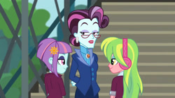 Size: 3410x1920 | Tagged: safe, screencap, lemon zest, principal abacus cinch, sunny flare, equestria girls, g4, my little pony equestria girls: friendship games, female, glasses, high res, looking at each other, looking at someone, smiling, smiling at each other, trio