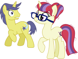 Size: 1549x1174 | Tagged: safe, artist:chainchomp2 edits, artist:littlejurnalina, edit, comet tail, moondancer, pony, unicorn, g4, princess twilight sparkle (episode), .svg available, alternate hairstyle, background pony, cometdancer, female, glasses, looking back, male, raised hoof, shipping, simple background, stallion, straight, transparent background, vector
