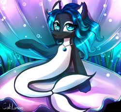 Size: 1600x1474 | Tagged: safe, artist:cali luminos, oc, oc only, oc:coral bay, hybrid, merpony, orca, orca pony, original species, seapony (g4), blue eyes, blue mane, bubble, countershading, crepuscular rays, cute, ear fluff, female, fish tail, flowing mane, jewelry, looking at you, necklace, ocean, open mouth, seashell, seaweed, sitting, smiling, solo, sunlight, tail, underwater, water