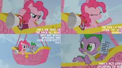 Size: 1280x720 | Tagged: safe, edit, edited screencap, editor:quoterific, screencap, pinkie pie, spike, dragon, earth pony, pony, fall weather friends, g4, season 1, cloud, duo, eyes closed, female, hot air balloon, male, mare, megaphone, microphone, open mouth, open smile, sky, smiling, text, twinkling balloon