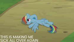 Size: 1280x720 | Tagged: safe, edit, edited screencap, editor:quoterific, screencap, rainbow dash, pegasus, pony, g4, read it and weep, season 2, female, lying down, mare, solo, spread wings, text, wings