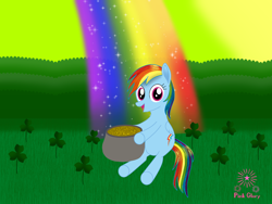 Size: 2160x1620 | Tagged: safe, artist:pinkglorymlp, rainbow dash, pegasus, pony, g4, clover, female, folded wings, grass, green, holiday, hoof hold, hooves, mare, open mouth, open smile, pot, pot of gold, rainbow, saint patrick's day, shamrock, signature, sitting, smiling, solo, tail, underhoof, wings