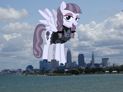 Size: 1380x1035 | Tagged: safe, artist:cheezedoodle96, artist:thegiantponyfan, edit, inky rose, pegasus, pony, g4, cleveland, female, giant pegasus, giant pony, giantess, highrise ponies, irl, looking at you, macro, mare, mega giant, ohio, open mouth, open smile, photo, ponies in real life, smiling, smiling at you, spread wings, standing, wings