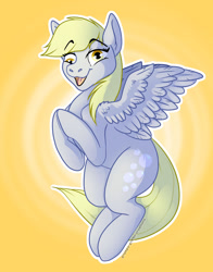 Size: 1280x1629 | Tagged: safe, artist:grumpygriffcreation, derpy hooves, pegasus, pony, abstract background, ear fluff, eyebrows, eyebrows visible through hair, female, full body, hooves, mare, open mouth, outline, shading, signature, solo, spread wings, tail, white outline, wings