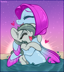 Size: 428x478 | Tagged: safe, artist:esmeia, marble pie, salina blue, earth pony, pony, seapony (g4), g4, beach, blushing, crack shipping, cute, eyelashes, eyes closed, female, fin wings, fins, heart, hug, lesbian, marblina, mare, ocean, open mouth, open smile, sand, scales, shipping, sky, smiling, sun, sunlight, swimming, teeth, water, wings