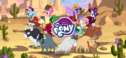 Size: 1666x768 | Tagged: safe, gameloft, idw, angus mcsteer, applejack, buffalo bull, doc holstein, fluttershy, jersey shore, king longhorn, pinkie pie, rainbow dash, rarity, twilight sparkle, alicorn, bull, earth pony, pegasus, pony, unicorn, g4, my little pony: magic princess, cactus, cattle rustlers, clothes, cloven hooves, cowboy hat, desert, dress, female, hat, idw showified, loading screen, male, mane six, mare, my little pony logo, top hat, twilight sparkle (alicorn), video game