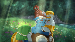 Size: 1280x717 | Tagged: safe, artist:miyalaflordorada, meadowbrook, rockhoof, earth pony, pony, g4, blushing, carrying, clothes, commission, crepuscular rays, cute, dress, female, forest, freckles, male, mare, meadowcute, river, ship:rockbrook, shipping, sleeping, snuggling, stallion, straight, sunlight, water