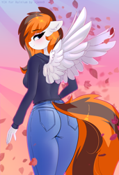 Size: 1968x2880 | Tagged: safe, alternate character, alternate version, artist:xjenn9, oc, oc only, oc:rainy sky, pegasus, anthro, ass, bedroom eyes, blue eyes, blushing, breasts, butt, clothes, commission, digital art, eyeshadow, female, hoodie, jeans, leaves, looking back, makeup, orange hair, pants, pegasus oc, pink eyeshadow, simple background, solo, spread wings, tail, tail aside, two toned mane, two toned tail, wings, ych result