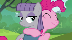 Size: 1280x720 | Tagged: safe, screencap, maud pie, pinkie pie, earth pony, pony, g4, season 6, the gift of the maud pie, ^^, cute, diapinkes, duo, duo female, eyes closed, female, happy, hug, mare, maudabetes, sibling love, siblings, sisterly love, sisters